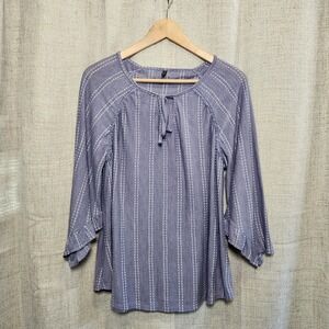 North River Pullover Blouse Women's L‎ Blue Textured 3/4 Sleeve Keyhole Tie Neck